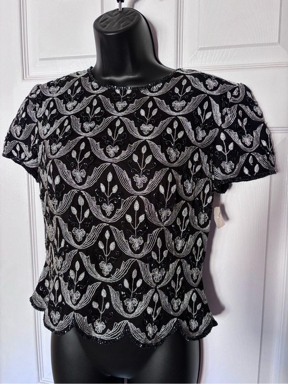 Vintage Emma Black Silk Beaded Embroidered Blouse Silver Black S